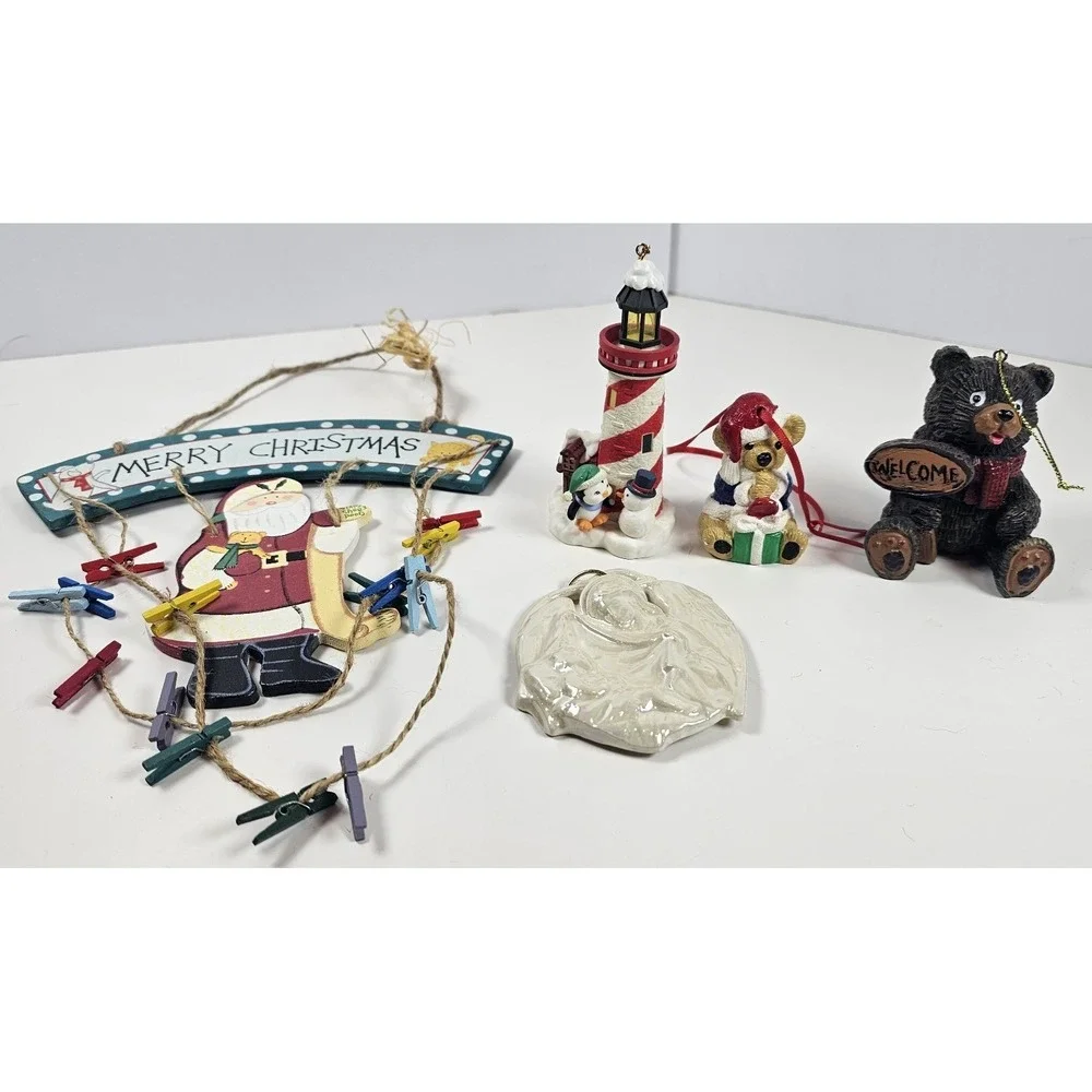 Vintage Christmas Ornament Lot Bear Lighthouse Wood Santa Card‎ 5 Pc